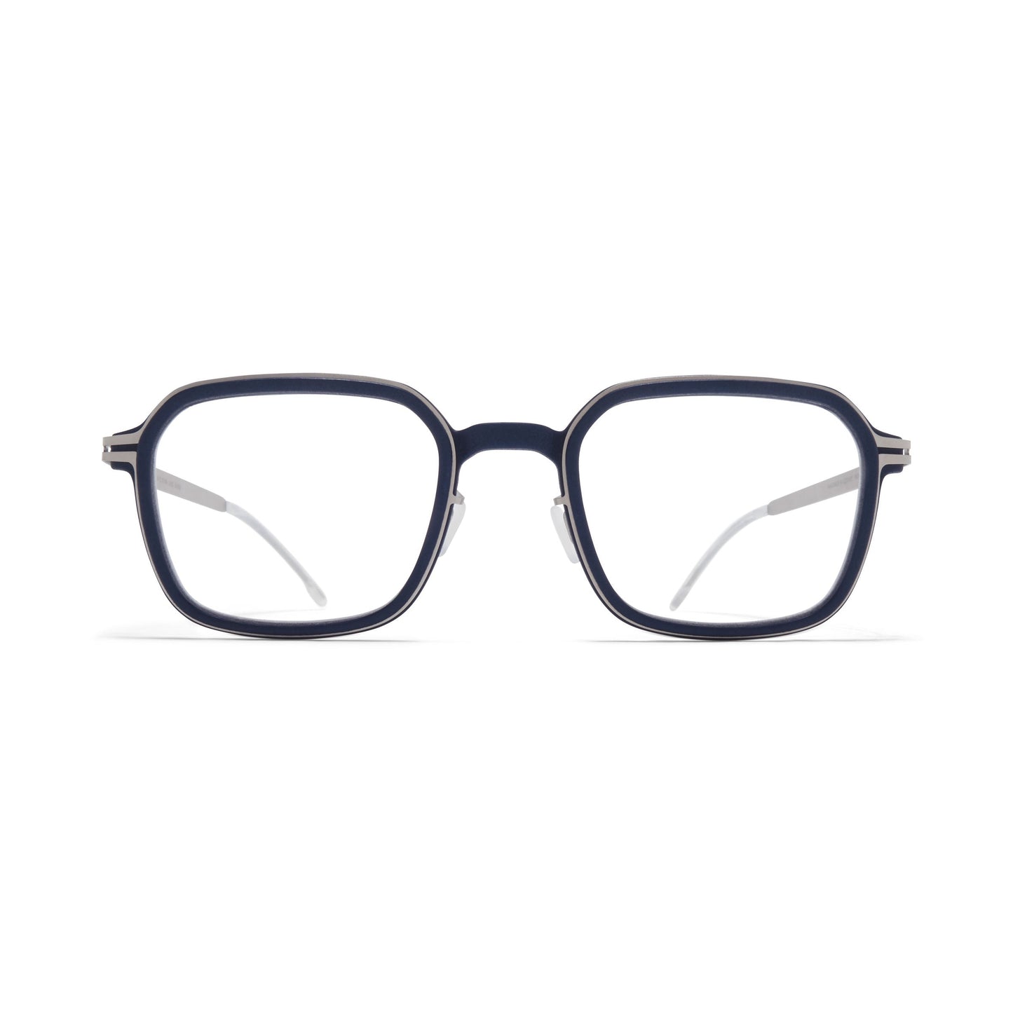Navy blue eyeglasses on a white background