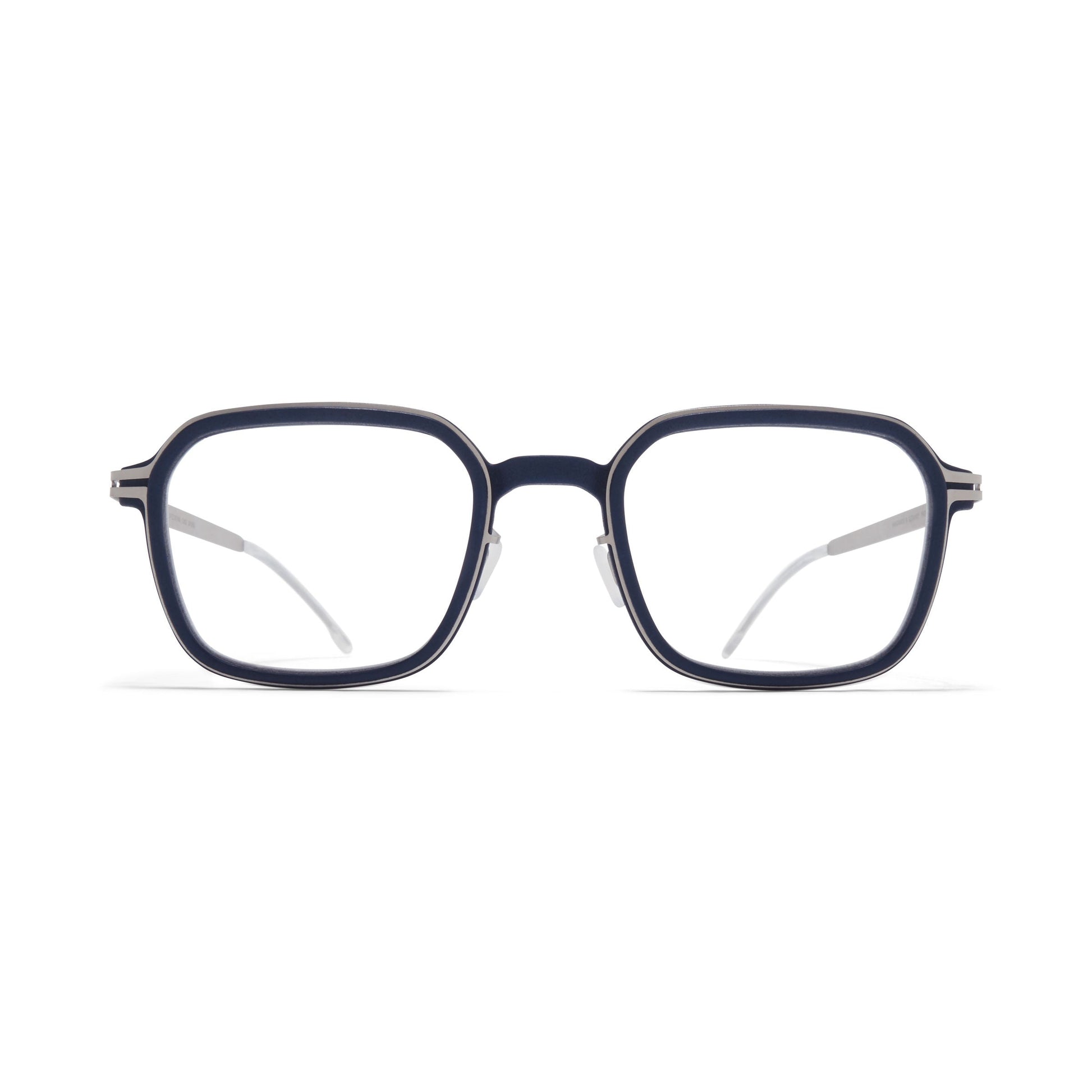 Navy blue eyeglasses on a white background