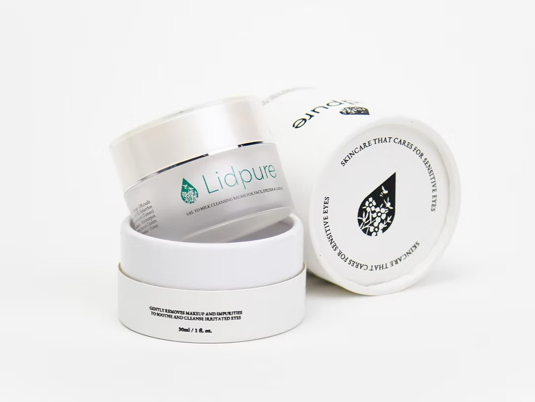 Skincare jars with 'Lidpure' branding on a white background